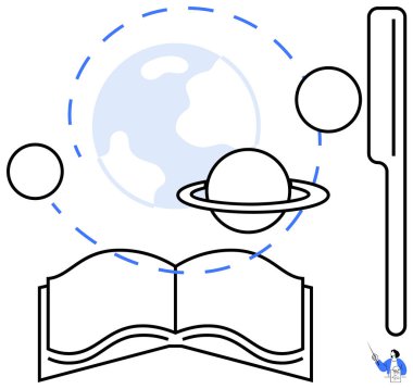 Dünya, Satürn, gezegenler, yörünge çizgileri ile açık bir kitap. Eğitim, bilim, astronomi, keşif, yaratıcılık ve gelecek kavramları için idealdir. Basit düz metafor