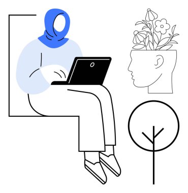 Dizüstü bilgisayarı olan bir kadın, çiçekli bir kafa yaratıcılığı simgeliyor, büyümek için ağaç ana hatları. Eğitim, öğrenim, yaratıcılık, farkındalık, yenilik, kişisel gelişim dijital çalışma için ideal