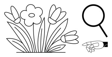 Robotik el, çiçek açan çiçekleri büyüteçle inceliyor, doğadaki teknolojiyi temsil ediyor, araştırma, yenilik, sürdürülebilirlik, keşif, eğitim ve eko-teknoloji. Temiz ve basit bir daire