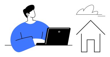 Uzaktan çalışma, ev ofisi, dijital iletişim, serbest çalışma, internet sektörü, teknoloji. Dizüstü bilgisayardaki kişi, ev simgesi minimum tasarım. Uzak çalışma ve ev ofis yaşam tarzı