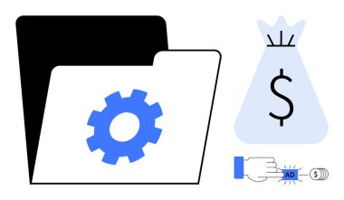 Dişli simgesi olan klasör, dolar işareti olan para çantası ve veri organizasyonu ile çevrimiçi kazançları birbirine bağlayan reklam düğmesine tıklamak. Finansal teknoloji, reklam, iş çözümleri için ideal