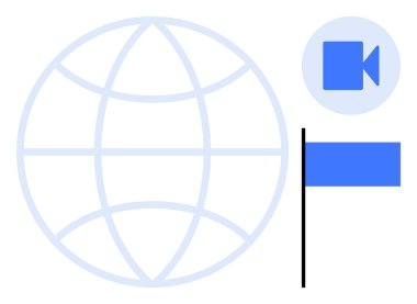 Küresel bağlantı, sanal iletişim, video konferansı, online toplantılar, dijital etkileşim, uluslararası. Küre iyonu, video ikonu ve bayrak sembolü. Sanal iletişim ve küresel