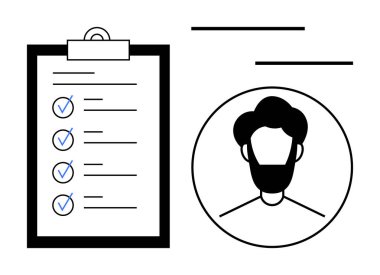 Pano kontrol listesine sahip profil simgesi ve tamamlanmış görevler. Üretkenlik, yönetim, İK, işe alım, organizasyon, iş akışı ve işbirliği konuları için idealdir. Basit düz metafor