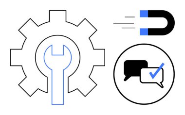 Mühendislik için vites ve ingiliz anahtarı, çekim için mıknatıs ve geri bildirim için sohbet baloncukları. Takım çalışması, işbirliği, problem çözme, strateji, yenilik, pazarlama kavramları için ideal