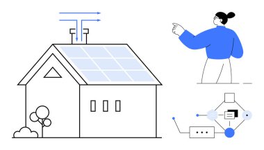Yenilenebilir enerji, sürdürülebilir yaşam, akıllı evler, güneş teknolojisi, çevre dostu tasarım, dijital dönüşüm. Bir insan ve teknik diyagramın yanında güneş panelleri olan bir ev. Yenilenebilir enerji