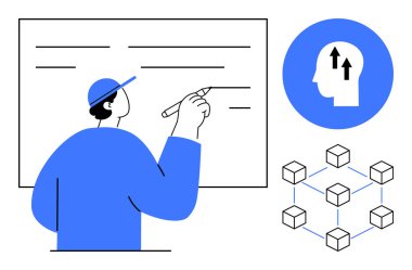 Eğitim konsepti. Eğitim, tahtaya yazı yazan bir kişi, bir engelleme zinciri diyagramı ve bir kafa simgesi görselleştirir. Eğitim, yaratıcılık, öğrenme ve yenilikçi düşünmeyle bağlantılıdır. Teknoloji ve e-öğrenme için harika.