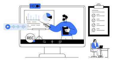 Çevrimiçi buluşma konsepti. Verileri analiz eden ve canlı bir video yayınında görüşleri paylaşan bir sunucuyla çevrimiçi görüşme. Eðitim ve iþletme için sanal iþbirliðini geliþtirme araçlarý