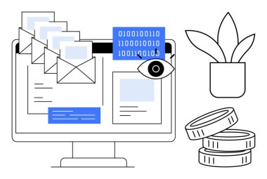 Çevrimiçi bankacılık, siber güvenlik, dijital iletişim, finansal yönetim, veri gizliliği, e-posta güvenliği. E-posta ve bozuk para olan bir monitör. Çevrimiçi bankacılık ve siber güvenlik kavramı