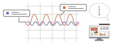 Mavi ve turuncu dalga formları olan grafikler, veri noktaları, analizleri, grafikleri gösteren notlar. Veri yönetimi, istatistik, analitik, performans izleme iş anlayışı için ideal