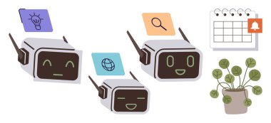 Fikir simgeleri, küresel bağlantı ve arama için dışavurumcu yüzlü üç robot. Yakınlarda bir saksı bitkisi ve bir takvim var. Teknoloji, yenilik ve yapay zeka için ideal.