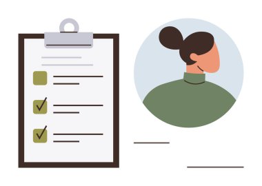 Tamamlanmış görevleri olan bir pano kontrol listesinin yanında çörek saç stili olan bir kadının portresi. Üretim, organizasyon, kişisel hedefler, insan kaynakları, kariyer planlaması, değerlendirme, proje için ideal