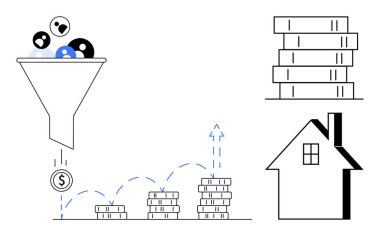 İş stratejisi, yatırım, gelir artışı, gayrimenkul, mali planlama, karar verme. Bozukluklara giden baca, yığınla para ve bir ev sembolü. Gelir artışı ve yatırım kavramı