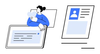 Dijital iletişim konsepti. Kullanıcı iletiler ve profillerle dijital iletişim kuruyor. Dijital iletişim, teknolojiyi ve insan bağlantısını birbirine bağlar. Uygulamalar, sosyal medya, UX tasarımı için