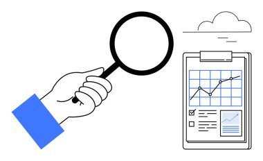 Veri analizi, iş değerlendirmesi, denetleme, piyasa araştırması, performans değerlendirmesi, trend izleme. Analiz panosunu incelerken el ele tutuşan büyüteç. Veri analizi ve iş