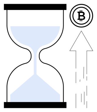Kripto para birimi büyümesi, Bitcoin yatırımı, finansal trendler, dijital ekonomi, engelleme zinciri yeniliği, zaman. Kum saati ve yükselen Bitcoin oku. Kripto para birimi büyümesi ve Bitcoin yatırım kavramı
