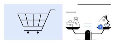 E-ticaret konsepti. Alışveriş arabası ve finansal denge çizimleriyle e-ticaret büyümesi. E-ticaret tüketici kararları, finans ve emlak yatırımlarını birbirine bağlar. İş için, teknoloji.