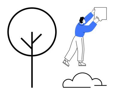 Bulmaca konsepti. Soyut ağaç ve bulut elementlerinin yanında bir yapboz parçasıyla etkileşime giren bir insan. Bulmaca çözmek yaratıcılığı ve fikirleri ön plana çıkarır. Takım çalışması, doğa ve öğrenme üzerine projeler için