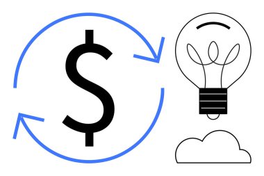 Finansal büyüme, yenilik, yenilenebilir enerji, ekonomi, sürdürülebilirlik, yaratıcı çözümler. Oklu, ampullü ve bulutlu dolar işareti. Finansal büyüme ve yenilik kavramı