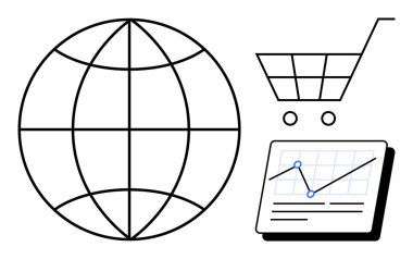 Uluslararası dürbünü temsil eden dünya, e-ticareti sembolize eden alışveriş arabası ve analitiği gösteren çizgi grafikli bir veri tablosu. Çevrimiçi iş için ideal, küreselleşme, pazar eğilimleri, dijital