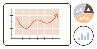 Grafikte büyümeyi gösteren kırmızı eğilim çizgisi, grup oranlarını gösteren pasta çizelgesi, veri karşılaştırması için çubuk çizelgesi. Analiz, iş stratejisi, istatistik, eğilimler, büyüme, pazarlama için ideal
