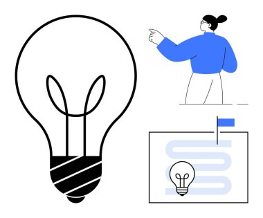 Yenilik, beyin fırtınası, yaratıcılık, stratejik planlama, tasarım düşünme, hedef belirleme. Büyük bir ampul, bir kadın işaret ediyor ve fikirlere odaklı bir plan çiziyor. Yenilik ve beyin fırtınası