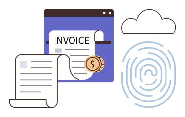 Dolar parası, kimlik doğrulama için parmak izi ve ödeme, güvenlik ve veri depolamayı sembolize eden bulut simgesi içeren fatura belgesi. Finans, güvenlik, yazılım ve muhasebe ödemeleri için ideal