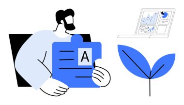 Veri analizi, karar verme, sürdürülebilirlik, eğitim, teknoloji, ilerleme. Laptopun yanında bir yapboz parçası ve grafikler tutan bir adam. Veri analizi ve karar verme kavramı
