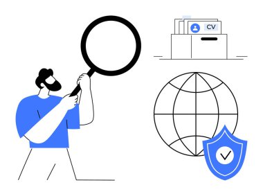 İşe alım konsepti. İşe alım, büyüteç, CV klasörü ve güvenlik işaretli küre ile vurgulandı. Yetenek edinme, veri güvenliği, insan kaynakları süreçleri, küresel istihdam