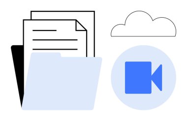Belge organizasyonu, bulut depolama, sanal toplantılar, dijital dosya paylaşımı, çevrimiçi iletişim, veri yönetimi. Bir klasör, belgeler bulut ve video kamera simgesi. Belge organizasyonu ve bulut
