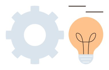 Minimalist çizgilerle parlayan ampulün yanında vites, yaratıcılık, yenilik, takım çalışması ve çözüm bulgusunu çağrıştırıyor. Teknoloji, iş stratejisi, mühendislik, tasarım, üretkenlik için ideal