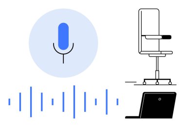 Konuşma tanıma, uzaktan çalışma, dijital iletişim, ses teknolojisi, sanal toplantılar, ses işleme. Mavi mikrofon ikonu, ses dalgaları ofis koltuğu ve dizüstü bilgisayar. Konuşma tanıma