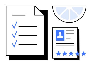 Belgelerde kontrol işaretleri, yıldız dereceli kullanıcı profili ve bir dilim limon var. Kalite kontrolü, kullanıcı değerlendirmesi, geri bildirim analizi, değerlendirme raporları, müşteri değerlendirmeleri, verimlilik için ideal