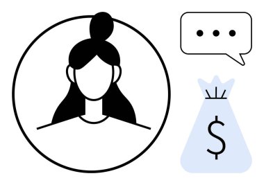 Bir konuşma balonu ve para çantasının yanında dairesel çerçeveli bir kadın avatarı. Finans, tasarruf, gelir, iletişim, çevrimiçi işlemler, kullanıcı profilleri, ödeme sistemleri için ideal
