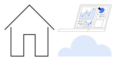 Akıllı ev, veri analizi, bulut hesaplama, uzaktan izleme, IoT entegrasyonu, teknoloji çözümleri. Minimalist ev ikonu, bulut çizimi ve analitik çizelgeli dizüstü bilgisayar. Akıllı ev ve veriler