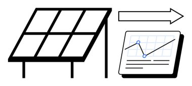 Güneş paneli, büyüme göstergeleriyle istatistiksel çizelge ve ilerlemeyi simgeleyen ok. Sürdürülebilirlik, enerji verimliliği, yenilenebilir teknoloji, temiz enerji, yenilik, veri analizi için ideal