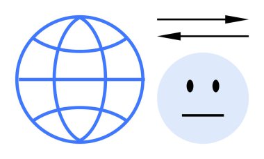 Küresel bağlantı, veri transferi, iletişim ağları, internet, uluslararası etkileşim, dijital değişim. Tarafsız yüzlü ve yönlü okları olan mavi bir küre. Küresel iletişim ve veri