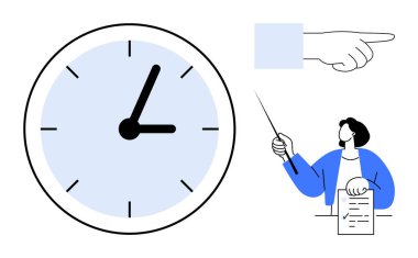 Büyük saat, kılavuz yönü gösteren el ve elinde işaretleyici ile bir belge tutan eğitimci. Zaman yönetimi, verimlilik, eğitim, talimat, rehberlik planlama liderliği için idealdir. Basit.