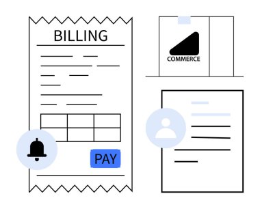 E-ticaret, çevrimiçi ödemeler, fatura sistemleri, dijital faturalar, alışveriş platformları, hesap yönetimi. Minimalist arayüz fatura, ödeme düğmesi ve bildirim simgesi gösteriyor. E-ticaret ve online