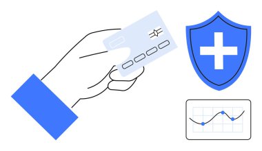 Mali güvenlik, sağlık hizmetleri, veri koruması, dijital ödemeler, işlem güvenliği, bankacılık sistemleri. Kart tutan bir el, kalkan ikonu ve finansal grafik. Mali güvenlik