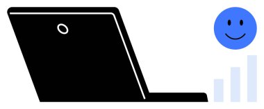 Dijital verimlilik. Yükselen bar grafik büyümesi ve gülümseyen yüz pozitifliği olan bir dizüstü bilgisayar. İş, eğitim, analitik, yenilik ve işyeri için dijital verimlilik