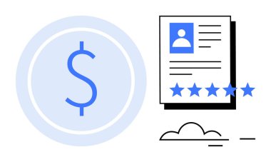 Beş yıldızlı ve soyut çizgileri olan bir profil kartının yanında dolar simgesi. Finans, müşteri değerlendirmeleri, itibar yönetimi, iş başarısı, kalite servisi, yatırım, kullanıcı geribildirimi için ideal