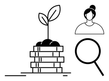 Büyümeyi, büyümeyi, büyümeyi ve kadın profilini sembolize eden bir yığın bozuk para, kişisel gelişimi ve finansal büyümeyi iletmek için bir araya geliyor. İş için ideal, eko-finans, girişimler