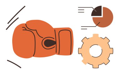 Hareket halindeki boks eldiveni, veri segmentli pasta grafiği, mekaniği gösteren teçhizat. Rekabet, strateji, yenilik, takım çalışması, üretkenlik işleri liderlik için idealdir. Basit düz