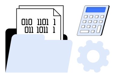 Veri yönetimi, programlama, teknoloji sistemleri, dijital depolama, ikili kod analizi, bilişim çözümleri. Hesap makinesi ve dişli sembolünün yanında ikili kod dosyaları bulunan bir dizin. Veri yönetimi