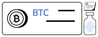 Bitcoin sembolü, tıbbi bir form ve aşı şişesinin yanında sağlık hizmetlerindeki Fintech 'i vurguluyor. Finans, teknoloji, ödeme entegrasyonu, dijital para birimi, tıbbi yenilik, sağlık hizmetleri için ideal