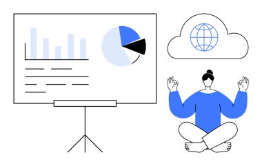 Veri analizi, küresel iletişim, verimlilik gelişimi, stres yönetimi, bulut teknolojisi ve denge. Grafiklerin ve bulut küre simgelerinin yanında meditasyon yapan biri. Stres yönetimi