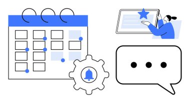 Görev çizelgesi, zaman yönetimi, verimlilik uygulamaları, çevrimiçi bilgilendirmeler, dijital iletişim, iş akışı araçları. Vites simgesi, konuşma balonu ve tabletle etkileşen kişi takvimi. Süre