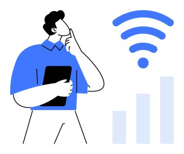 Ağ bağlantısı konsepti. Tabletli düşünceli bir adam kablosuz sembolü ve sinyal çubuklarını inceliyor. Teknoloji, iletişim, veri paylaşımı için ağ bağlantısı, dijital uygulamalar