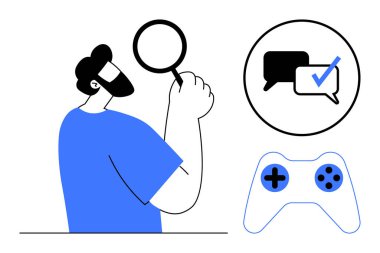 Bir büyüteçle sohbet mesajlarını analiz eden kişi, yanında da bir oyun kumandanı var. İletişim, oyun, analiz, geri bildirim, kullanıcı anketleri, teknoloji etkileşimi için ideal. Basit düz