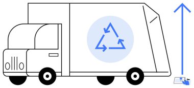 Atık yönetimi, geri dönüşüm, sürdürülebilirlik, çevre dostu uygulamalar, ulaşım, çevresel sorumluluk. Mavi üçgen sembollü ve yukarı doğru oklu bir geri dönüşüm kamyonu. Geri dönüşüm
